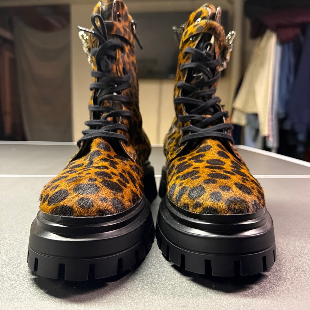 Stuart Weitzman‎ Leopard Calf Hair Combat Boots grunge goth edgy maximalist